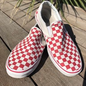 Red checkered Vans slip ons